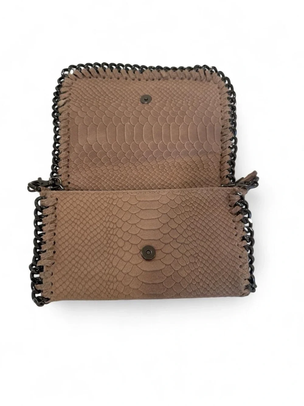 Brown Chain-Trim Python-Print Clutch